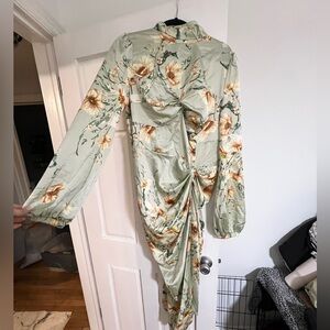 Sage green floral twist draped midi dress, halter neckline